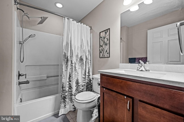 bathroom featuring vanity, visible vents, shower / bath combination with curtain, tile patterned floors, and toilet