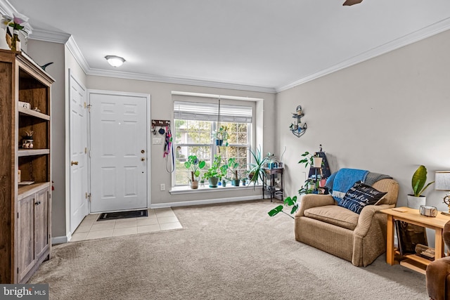 interior space with crown molding, baseboards, and carpet floors