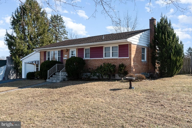 single story home featuring a garage, fence, brick siding, and a chimney