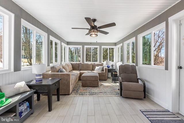 sunroom / solarium featuring a wealth of natural light and ceiling fan