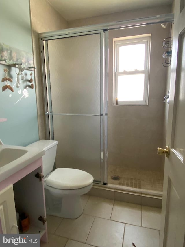 bathroom with tile patterned flooring, a shower stall, toilet, and vanity