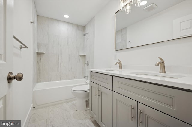 full bathroom with a sink, visible vents, toilet, and marble finish floor