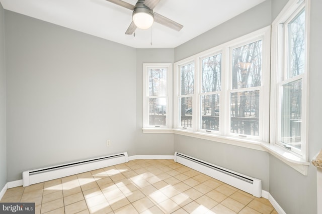 empty room with plenty of natural light, baseboard heating, and ceiling fan