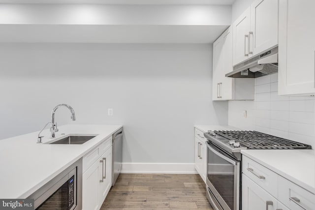 kitchen with light wood-style flooring, under cabinet range hood, a sink, tasteful backsplash, and stainless steel appliances