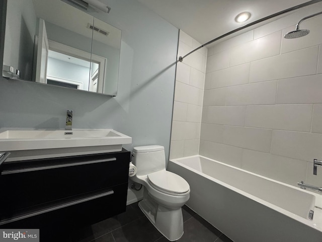 full bath featuring vanity, visible vents,  shower combination, tile patterned flooring, and toilet