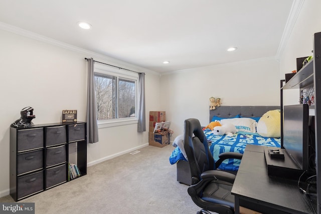 carpeted bedroom featuring recessed lighting, baseboards, and ornamental molding