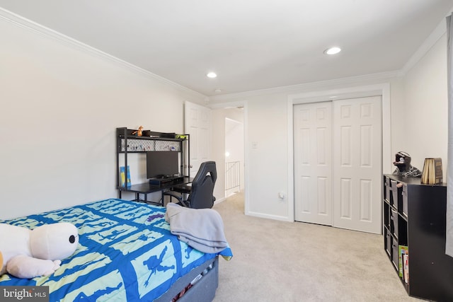 bedroom with recessed lighting, light colored carpet, a closet, and ornamental molding