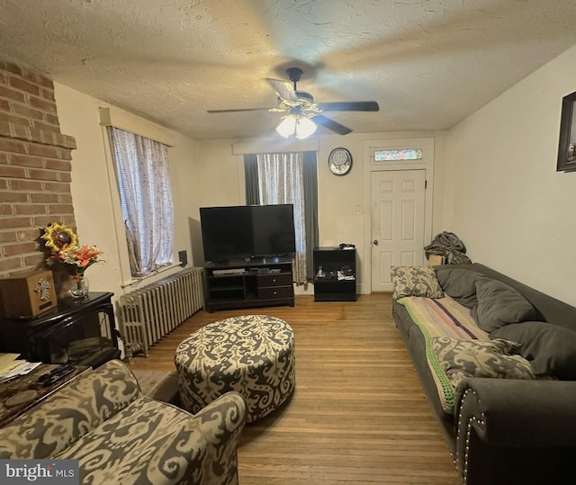 living area featuring radiator, wood finished floors, a ceiling fan, and a textured ceiling