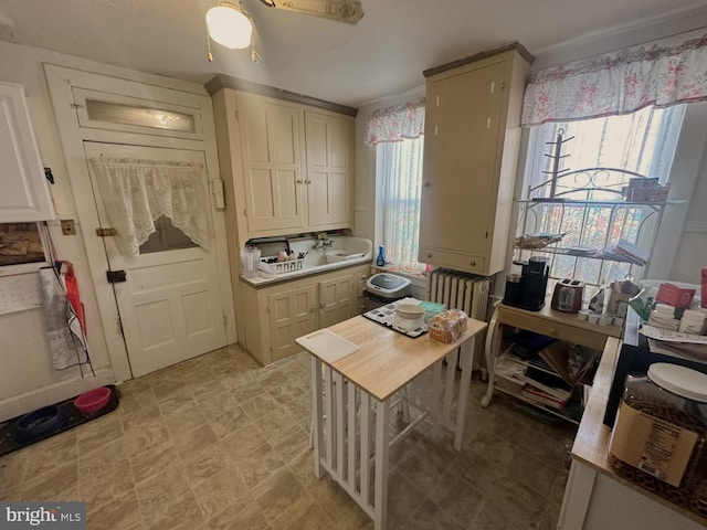 kitchen with butcher block countertops, plenty of natural light, and radiator