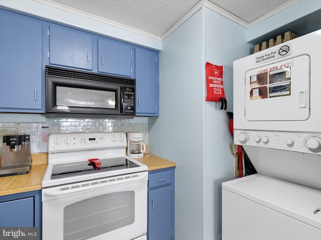 kitchen featuring white electric range, blue cabinetry, and black microwave