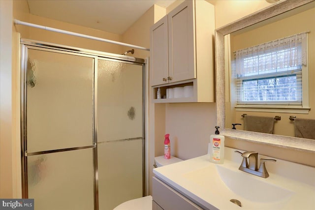 bathroom with vanity, toilet, and a shower stall