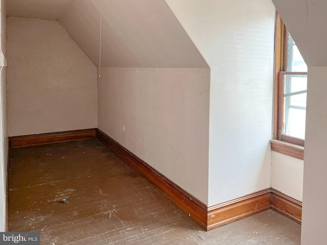 additional living space featuring wood-type flooring, baseboards, and vaulted ceiling