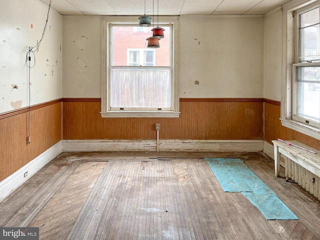 unfurnished dining area with wainscoting, a healthy amount of sunlight, and wood walls