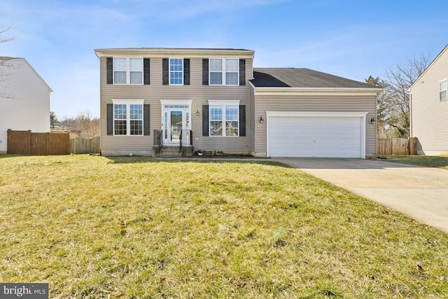 view of front of property with a front yard, fence, a garage, and driveway