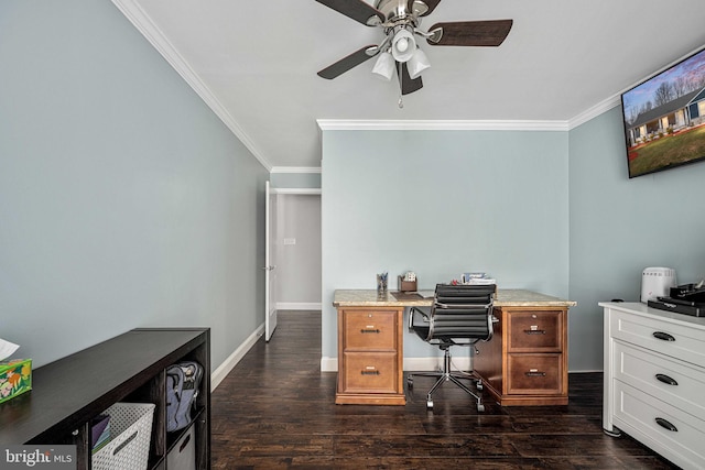 office space featuring crown molding, baseboards, dark wood-style flooring, and ceiling fan