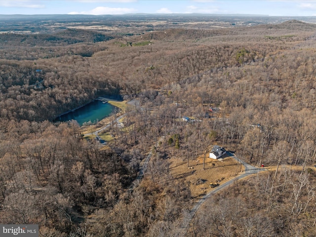 drone / aerial view featuring a view of trees and a water view