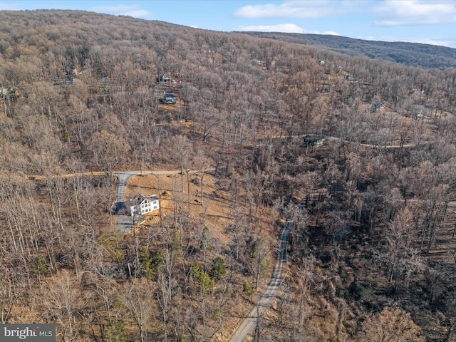 bird's eye view featuring a mountain view and a view of trees