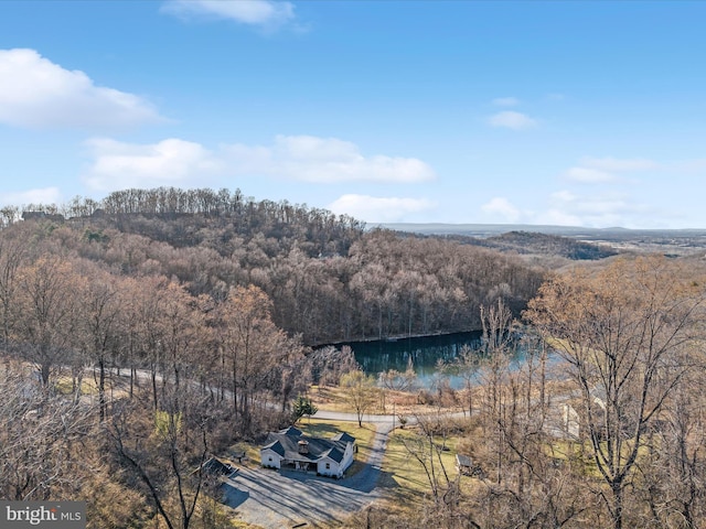 birds eye view of property featuring a view of trees and a water view