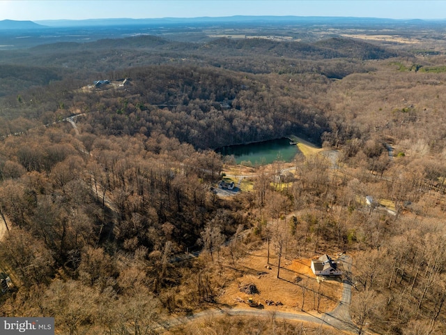 drone / aerial view featuring a view of trees and a water and mountain view