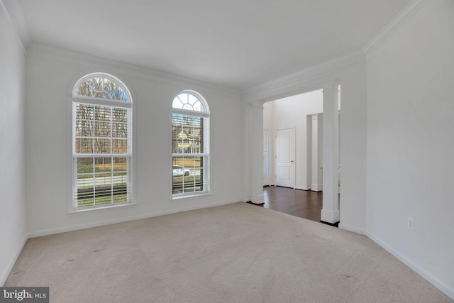 spare room featuring carpet flooring, crown molding, and baseboards