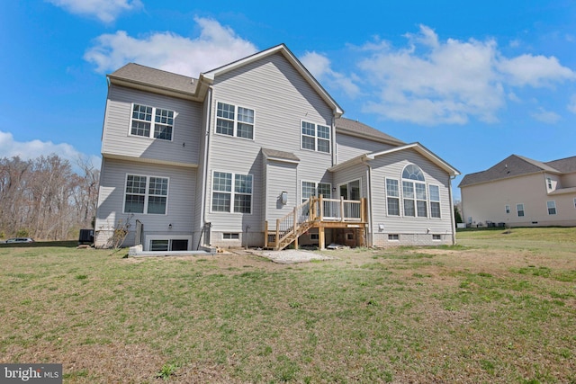 back of property featuring central AC, a yard, and stairs