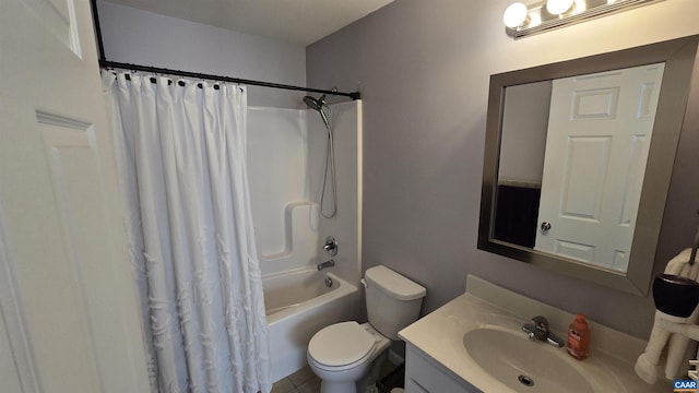 bathroom featuring toilet, vanity, and shower / bath combination with curtain