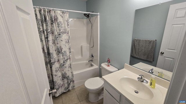 full bathroom with vanity, tile patterned floors, toilet, and shower / tub combo with curtain