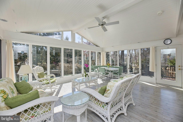 sunroom featuring wood ceiling, vaulted ceiling with beams, and a ceiling fan