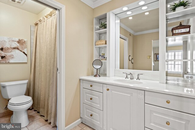 full bathroom featuring vanity, visible vents, crown molding, toilet, and tile patterned floors