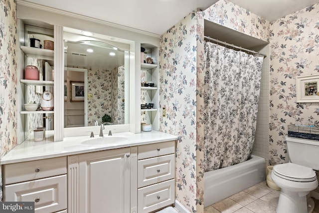 bathroom with toilet, shower / bath combo, wallpapered walls, tile patterned flooring, and vanity