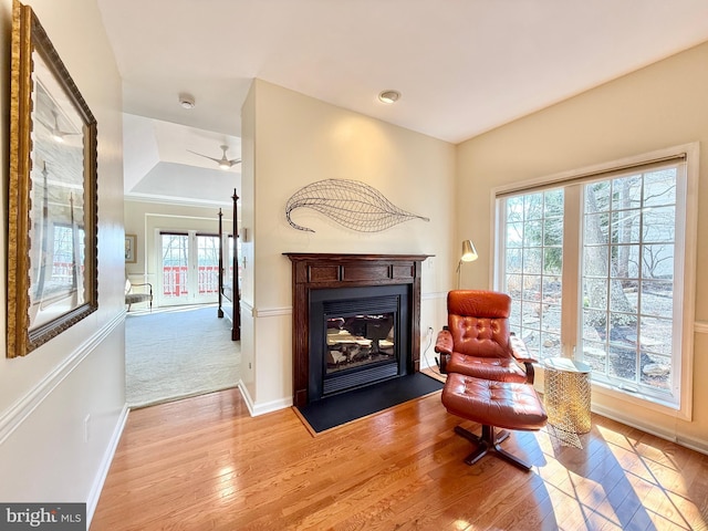 living area featuring ceiling fan, baseboards, wood finished floors, and a glass covered fireplace