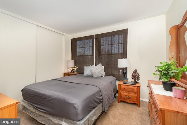 bedroom featuring a closet and light carpet