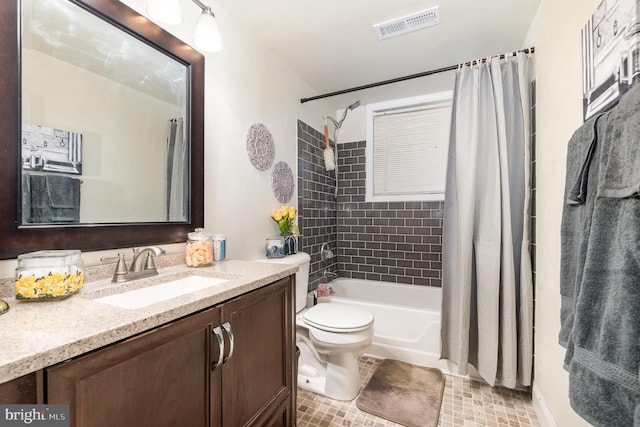 full bath with visible vents, shower / bathtub combination with curtain, toilet, tile patterned flooring, and vanity