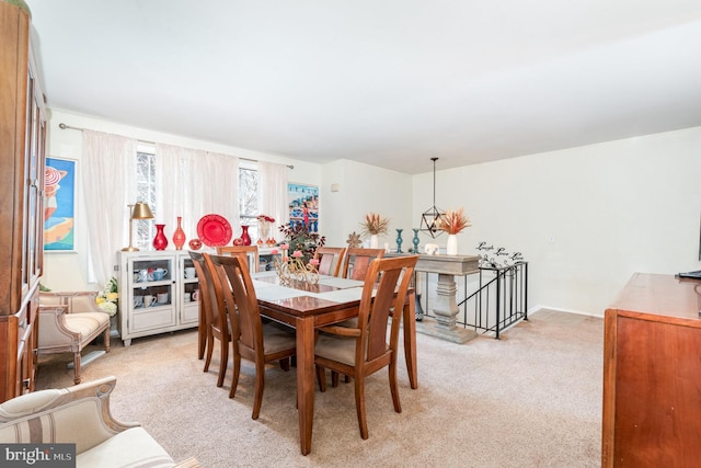 dining area featuring light carpet