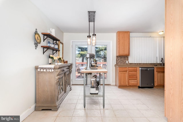 kitchen featuring tasteful backsplash, baseboards, decorative light fixtures, dishwasher, and open shelves