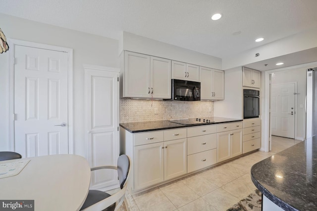 kitchen with black appliances, a textured ceiling, recessed lighting, light tile patterned floors, and decorative backsplash