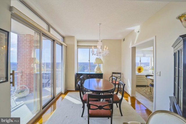 dining area featuring plenty of natural light, a textured ceiling, an inviting chandelier, and wood finished floors