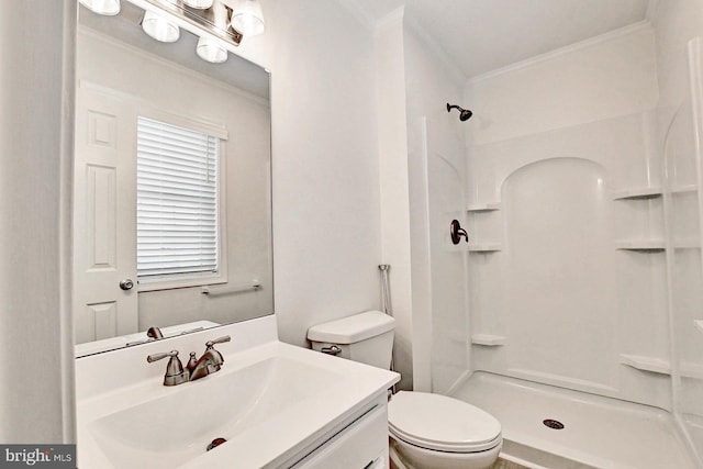 bathroom featuring toilet, a shower, and ornamental molding