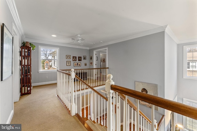 corridor featuring an upstairs landing, plenty of natural light, light colored carpet, and baseboards