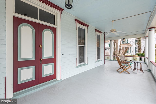 exterior space featuring french doors and a ceiling fan