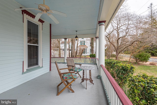 view of patio featuring a porch and a ceiling fan