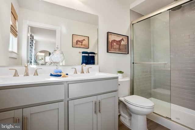 full bathroom featuring a sink, toilet, double vanity, and a shower stall