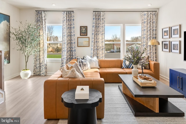 living area featuring baseboards and light wood-type flooring