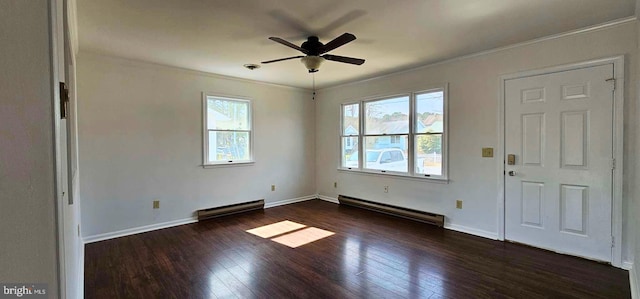 foyer featuring baseboard heating, ceiling fan, and dark wood finished floors