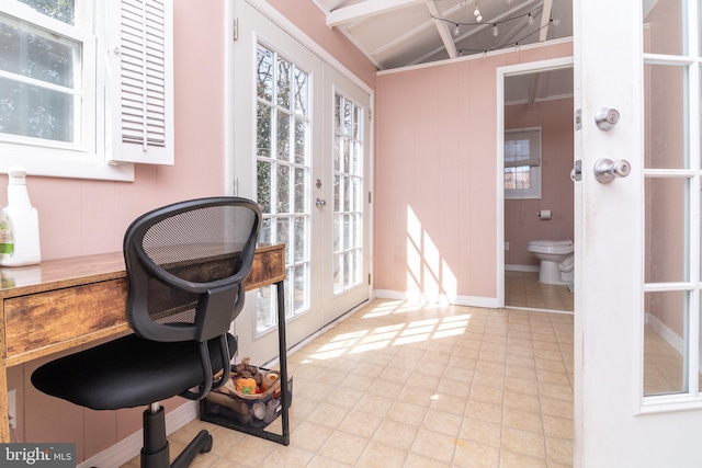 home office featuring french doors and baseboards