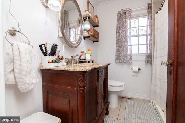 full bath featuring tile patterned floors, visible vents, toilet, and vanity