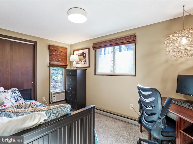 bedroom featuring cooling unit and baseboard heating