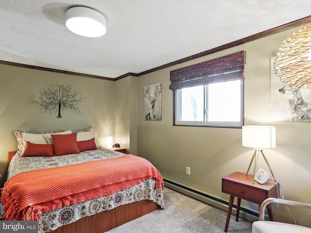 bedroom featuring carpet, ornamental molding, and a textured ceiling