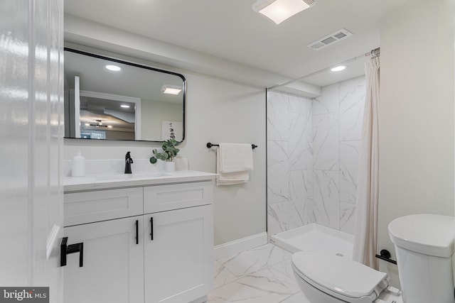 full bathroom with vanity, visible vents, curtained shower, toilet, and marble finish floor