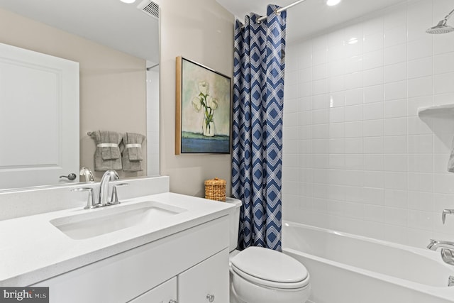 bathroom with visible vents, shower / bath combination with curtain, toilet, and vanity